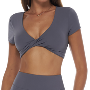 Grey Twist-Front Short Sleeve Crop Top with Open Back