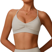 White Pleated Crisscross Back Sports Bra
