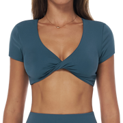 Teal Twist-Front Short Sleeve Crop Top with Open Back