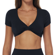 Black Twist-Front Short Sleeve Crop Top with Open Back