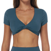 Teal Twist-Front Short Sleeve Crop Top with Open Back