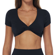 Black Twist-Front Short Sleeve Crop Top with Open Back