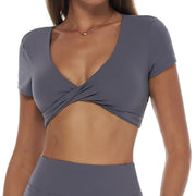 Grey Twist-Front Short Sleeve Crop Top with Open Back