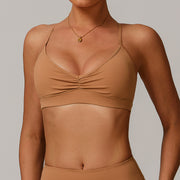 Khaki Pleated Crisscross Back Sports Bra