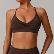 Brown Pleated Crisscross Back Sports Bra