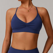 Blue Pleated Crisscross Back Sports Bra